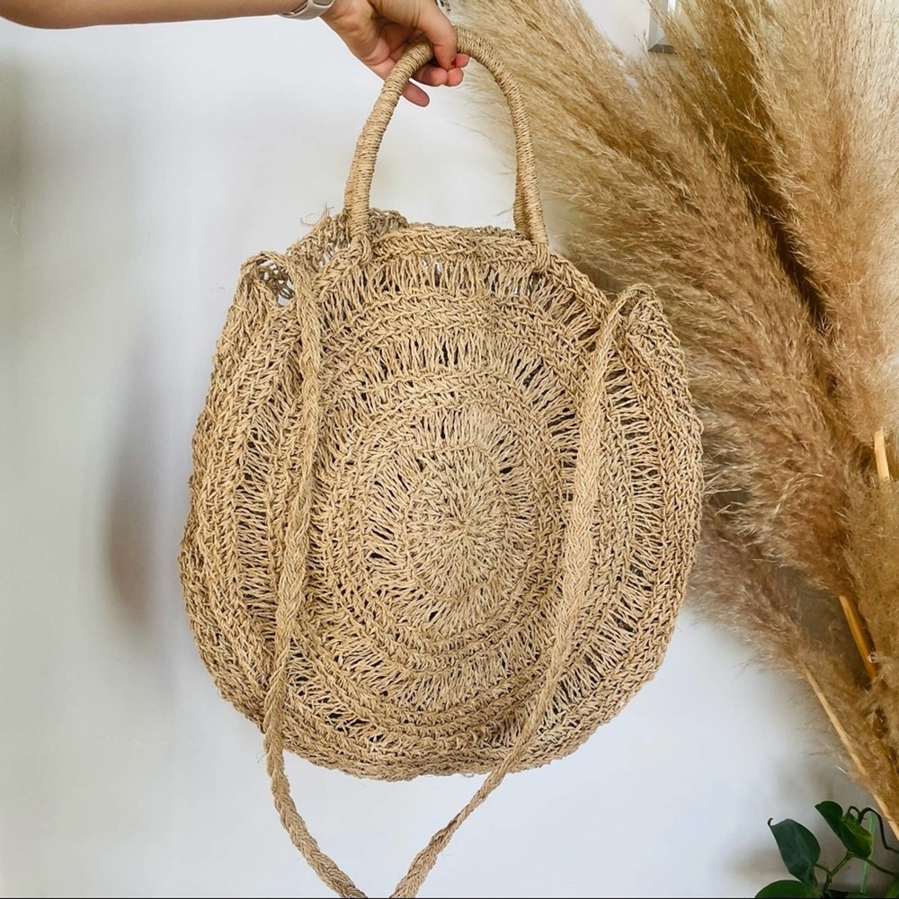 FREE PEOPLE Tan Beige Cream Open Woven Circle Beach Boho Tote Bag Carryall Purse